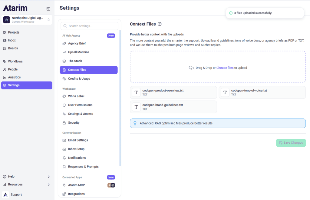 Uploaded context files listed after a successful upload