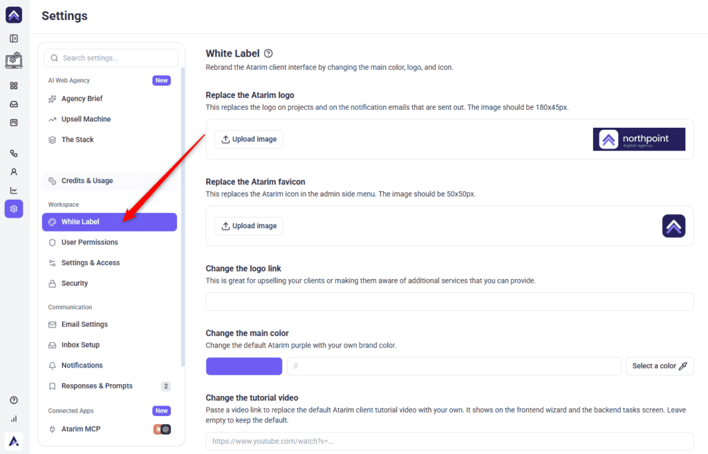 White Label settings for workspace branding