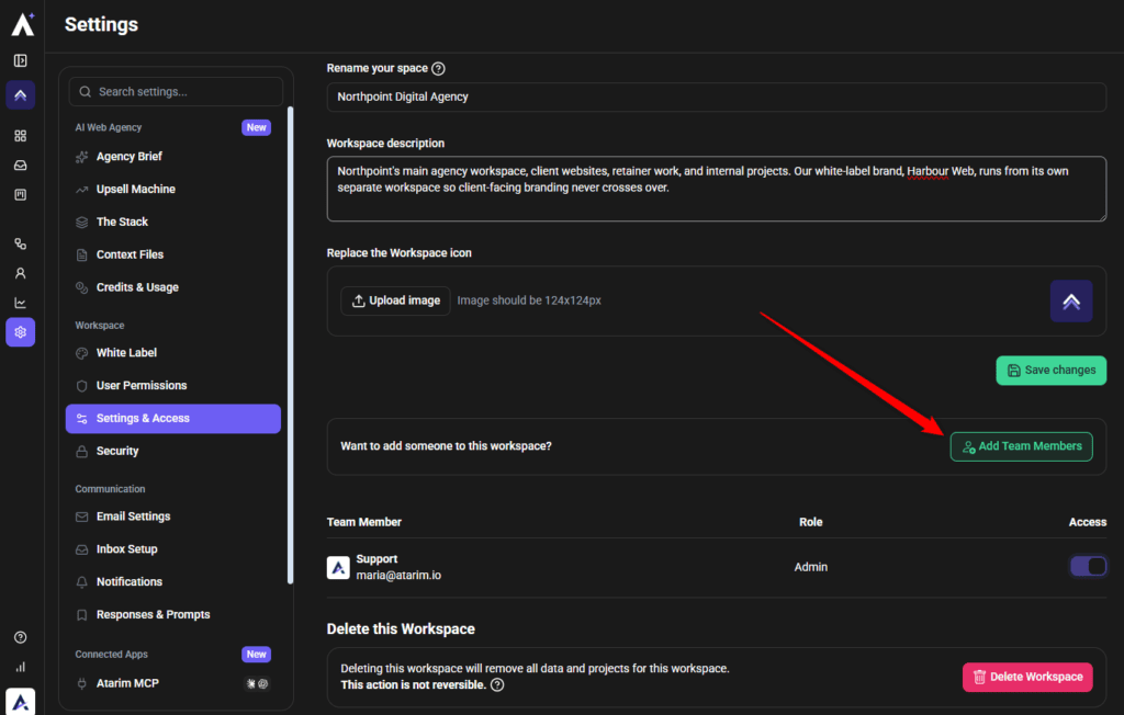 Add team members panel for the workspace