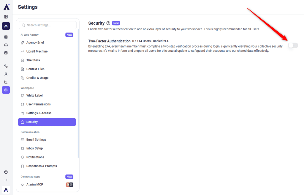 Workspace Security panel showing the Two-Factor Authentication toggle and how many users have it enabled
