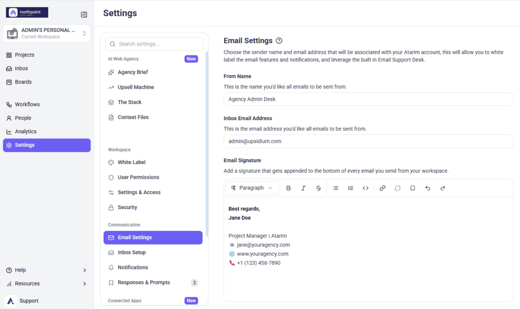 Email settings for sender details and signature