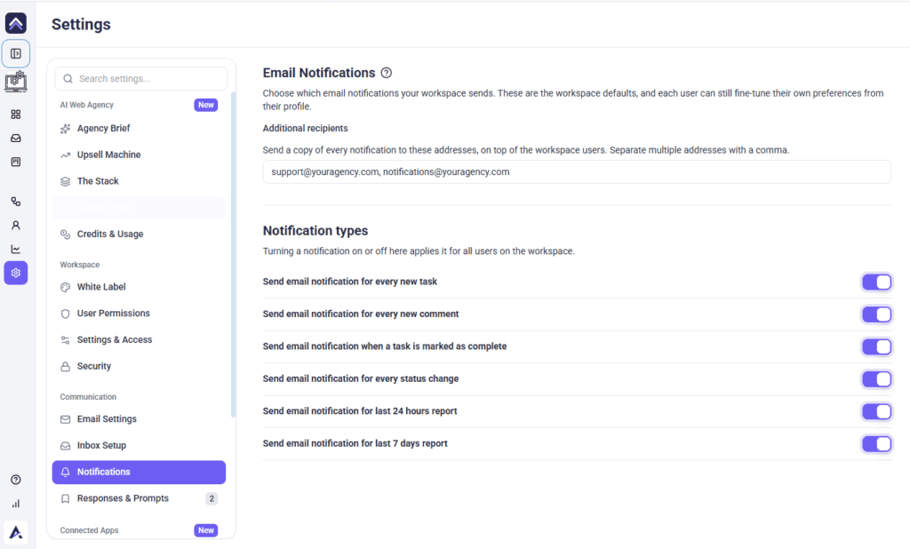 Notification switches with the additional recipients field