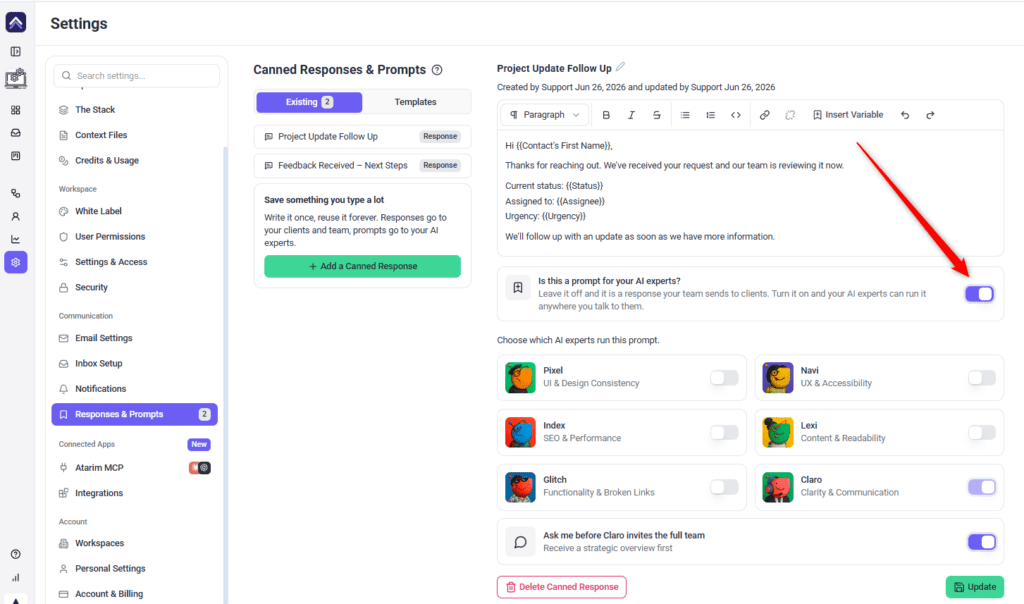 Switch converting a canned response into an AI prompt, with expert selection