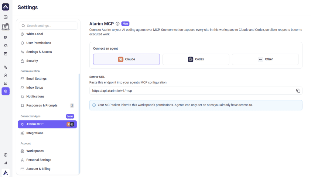 Atarim MCP panel with agent options and the server URL to copy