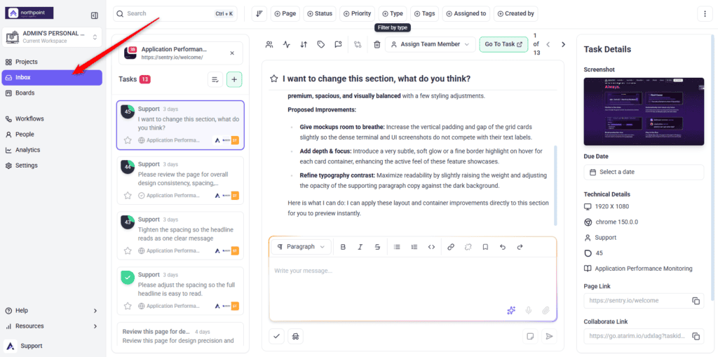 Inbox listing incoming tasks and email requests