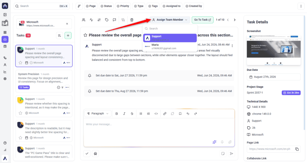 Assign Team Member menu listing workspace members
