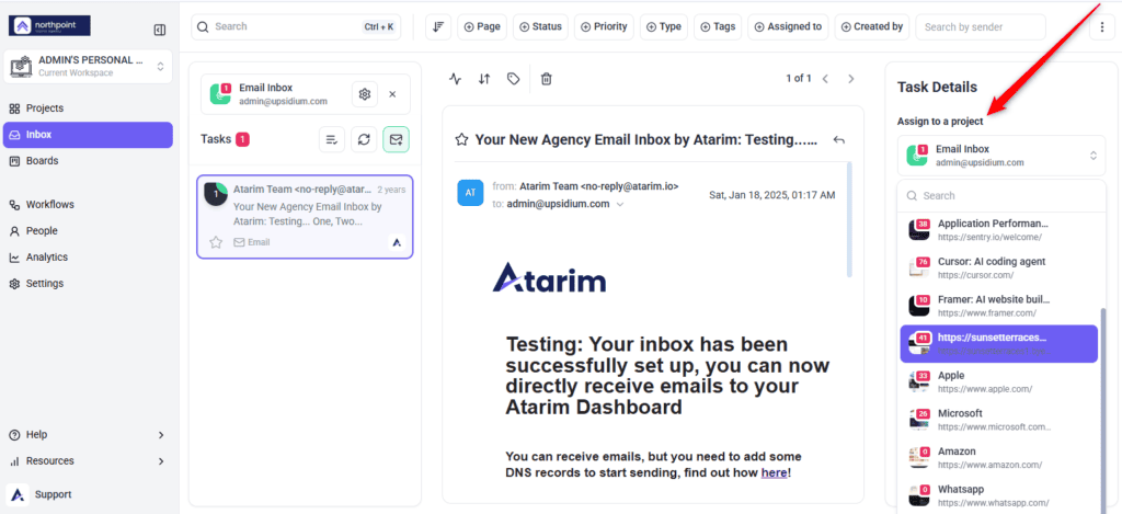 Incoming email being assigned to a project and converted to a task