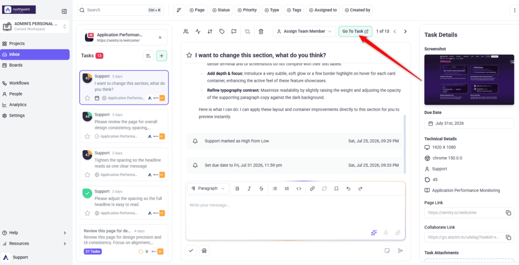 Go to Task button opening feedback on the live page