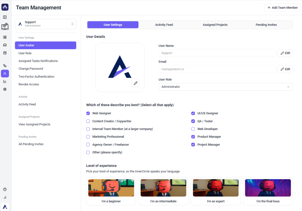 User profile showing role, skills, experience level and assigned projects