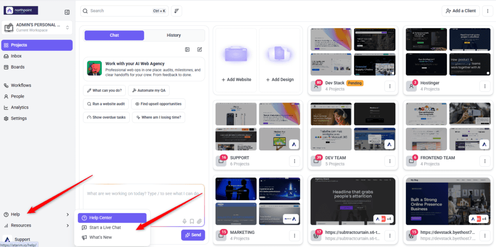Help menu open from the dashboard