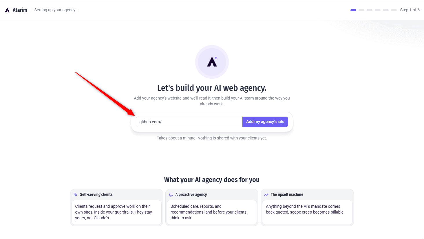 Wizard step 1 showing a single field for the agency's own website URL