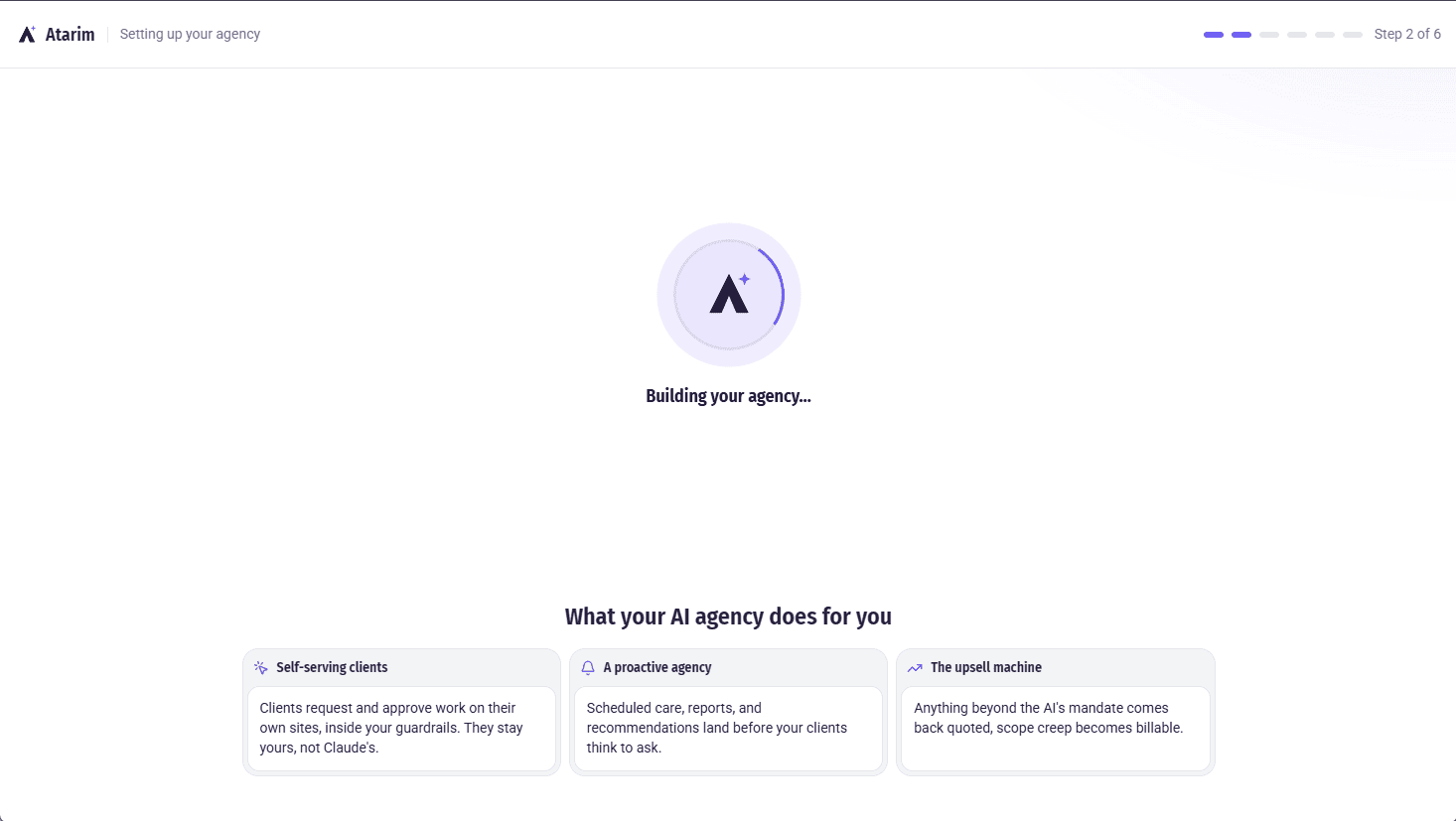 Progress screen showing the AI agency being configured
