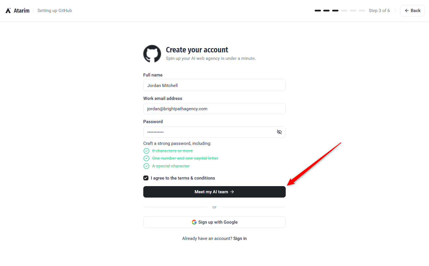 Completed registration form with the Meet my AI team button ready