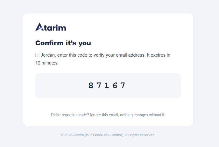Verification email from Atarim containing a five-digit code