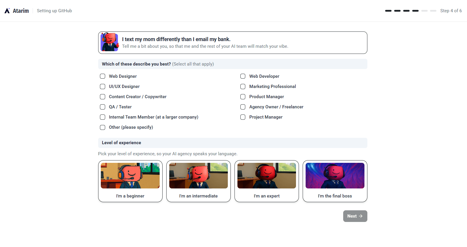 Profile step listing selectable roles and four experience levels