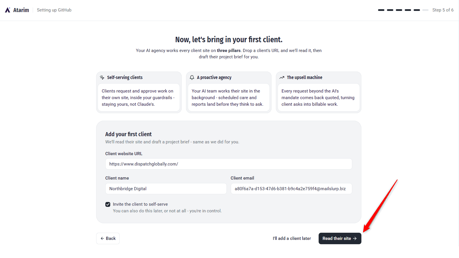 Client panel completed, with the Read their site button ready
