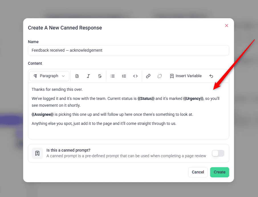 Content editor with the message written and the Insert Variable control