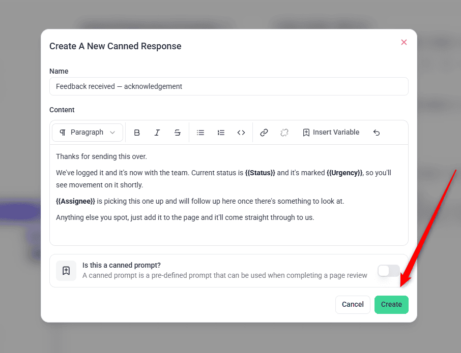 Prompt toggle left off for a client-facing reply, with the Create button