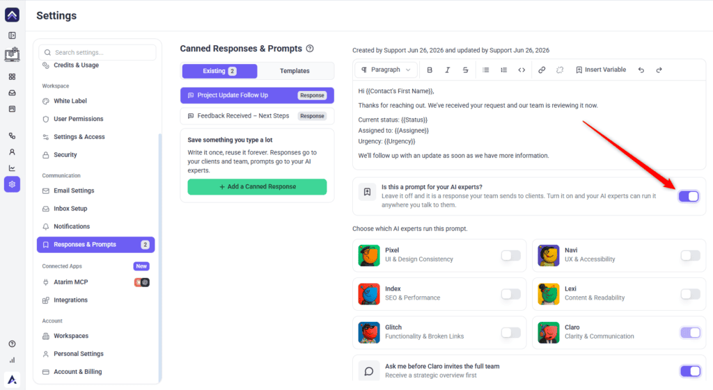 Prompt toggle switched on, revealing the AI expert picker