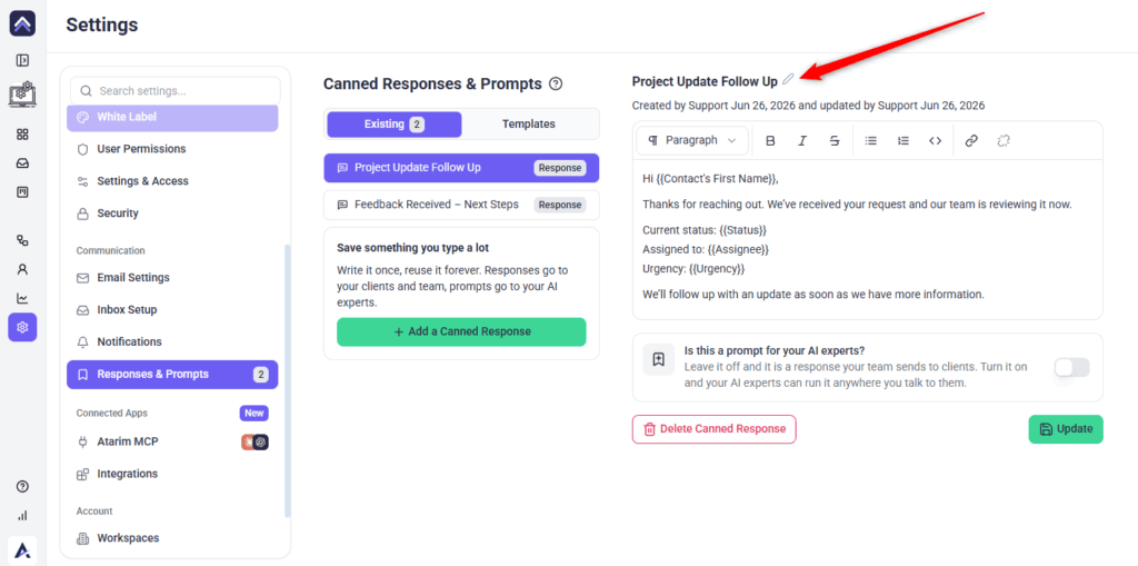 Pencil icon beside the title for renaming a response