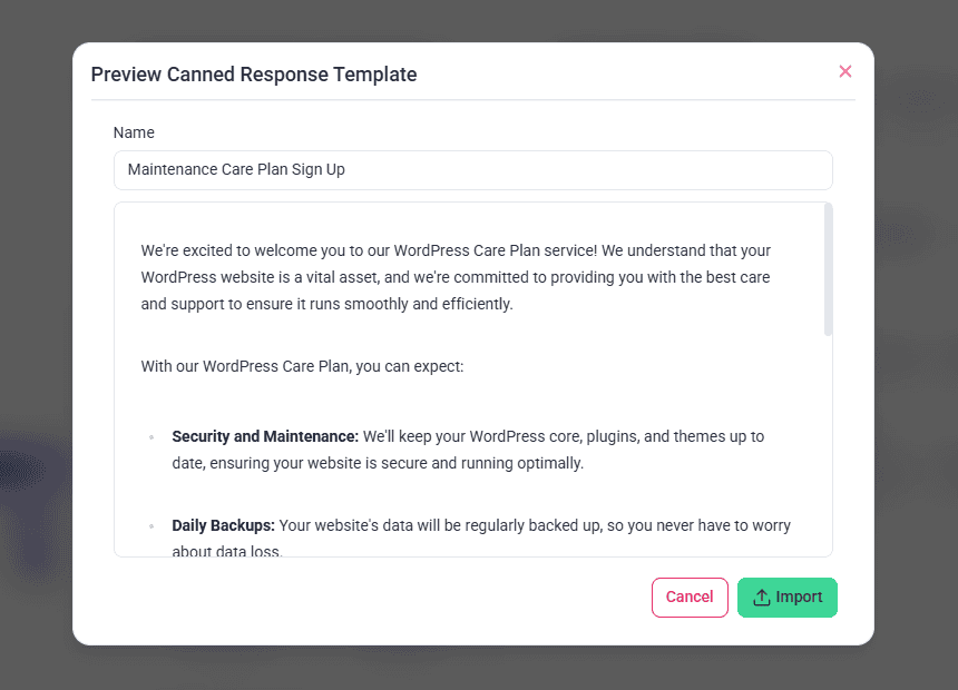 Template preview with an Import option to add it to your library
