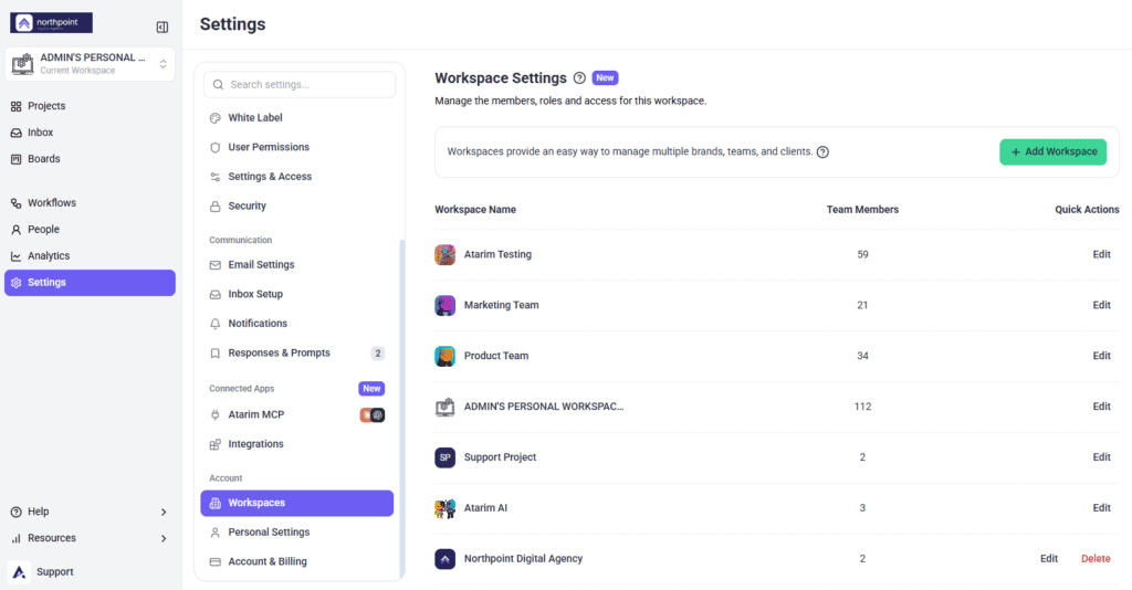 Settings sidebar with the Account group expanded