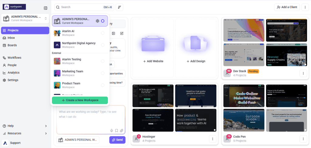Workspace switcher with owned workspaces above the External divider