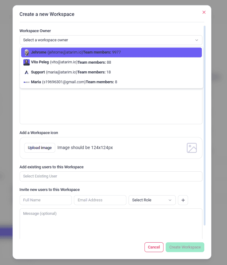 Modal for naming and creating a new workspace