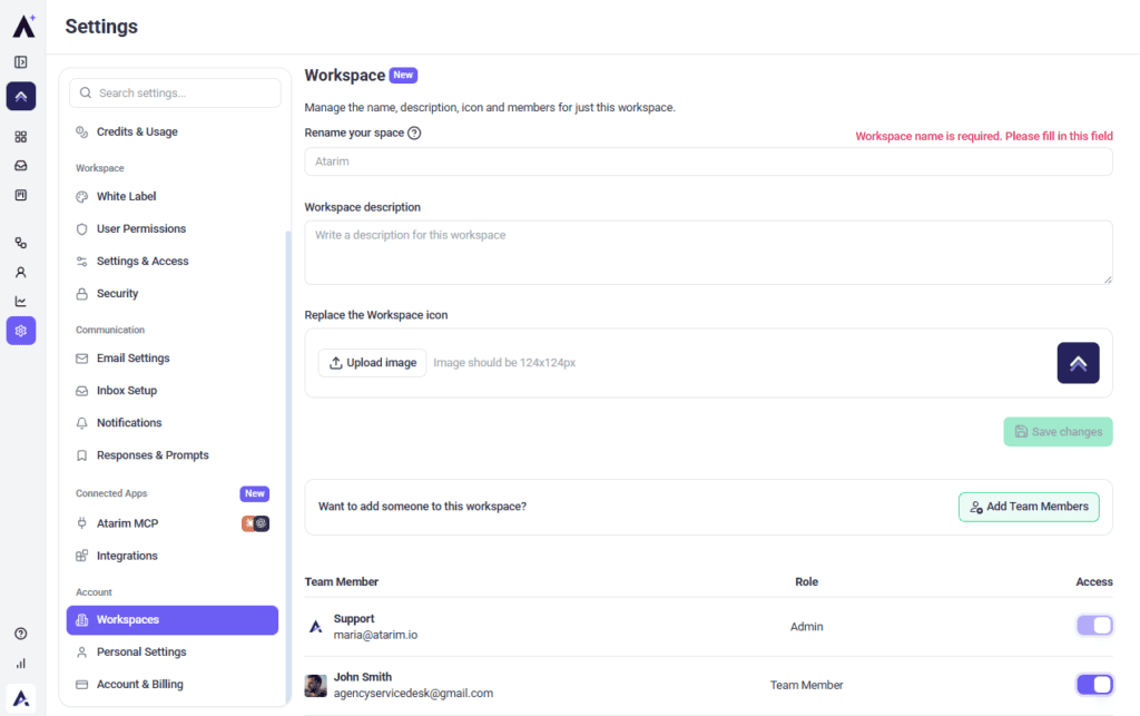 Save changes button disabled while the workspace name field is empty