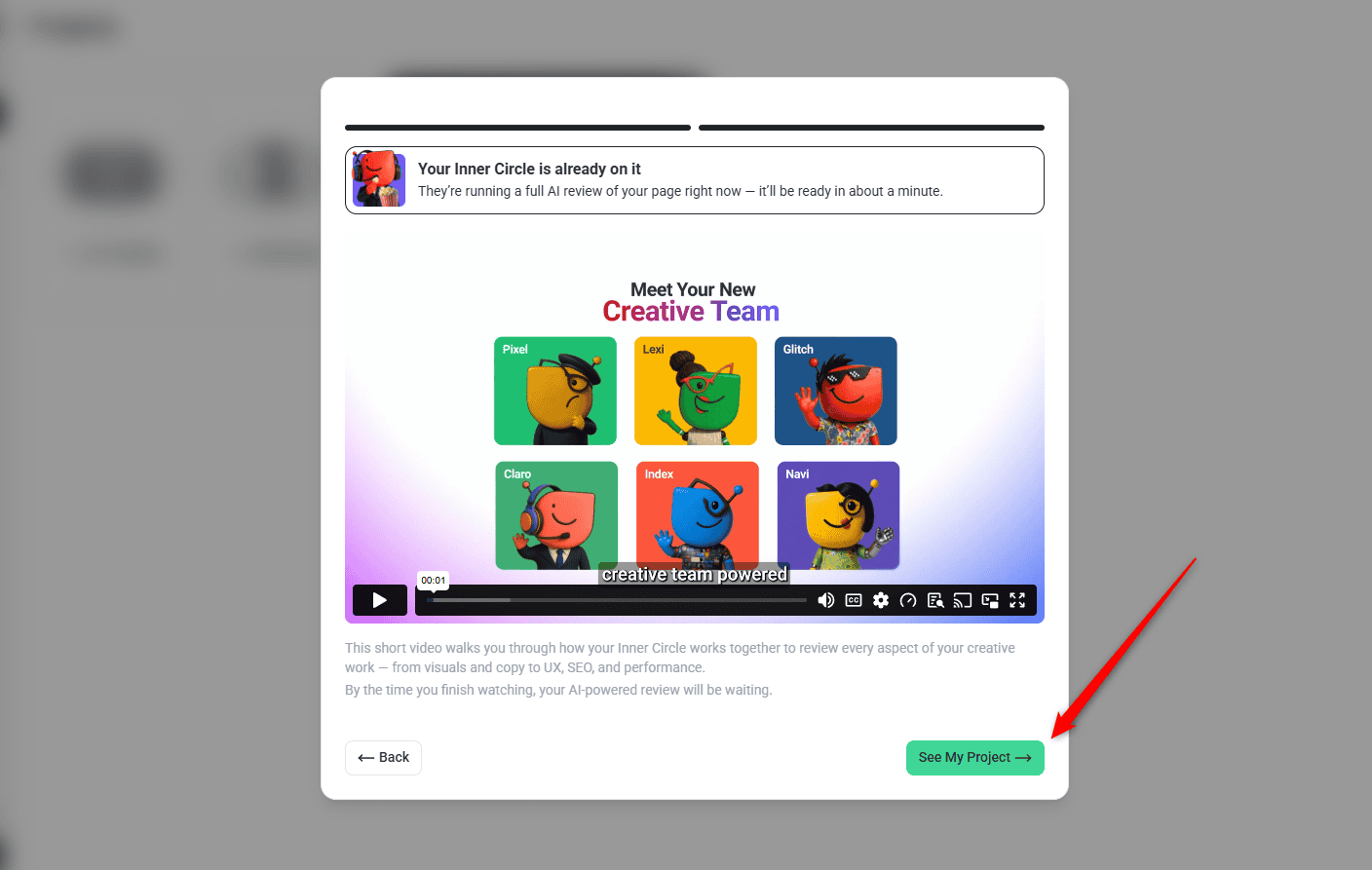 Introduction to the AI team, with a See My Project button