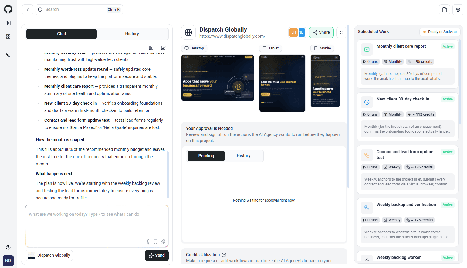 Website Owner project dashboard showing scheduled workflows