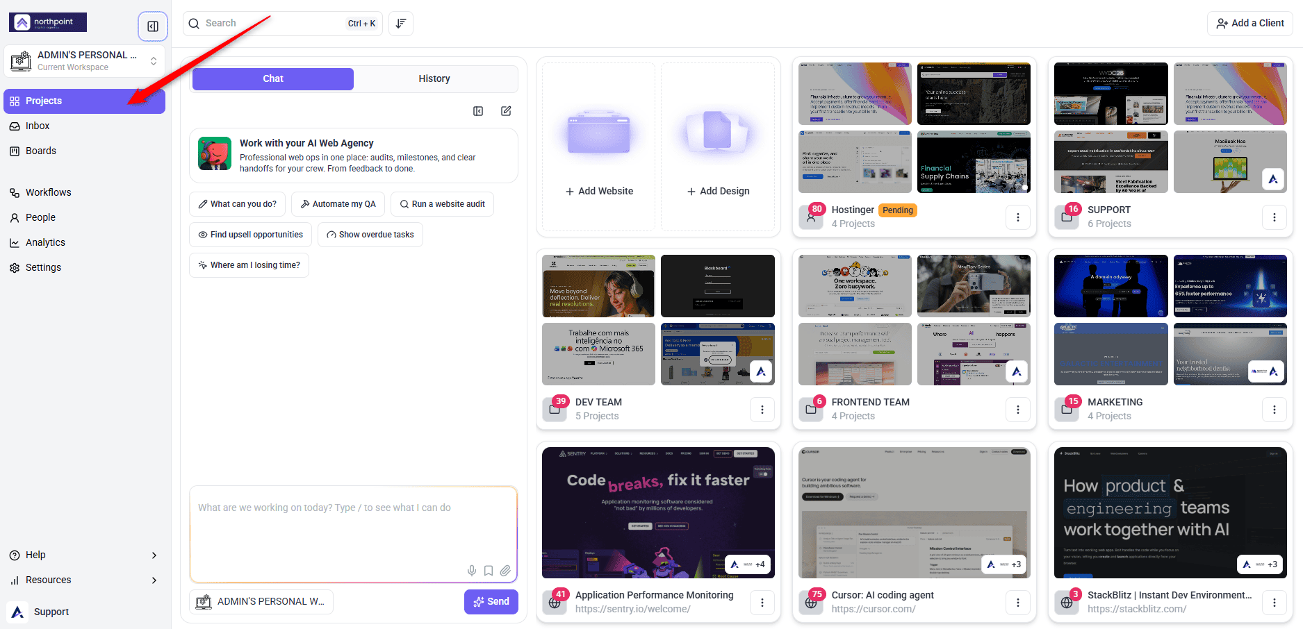 Projects section in the Atarim sidebar