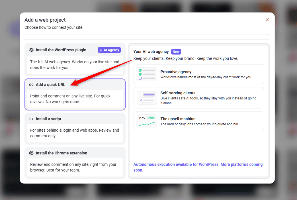 Panel for adding a live site by URL