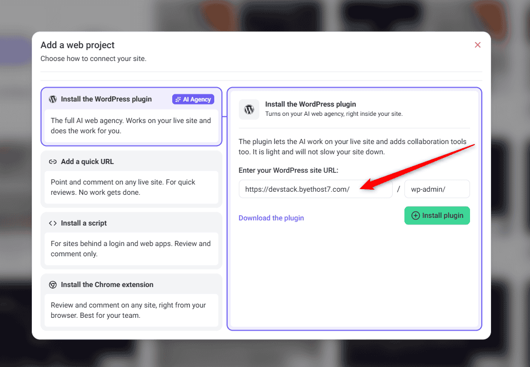 Field for entering your WordPress site URL