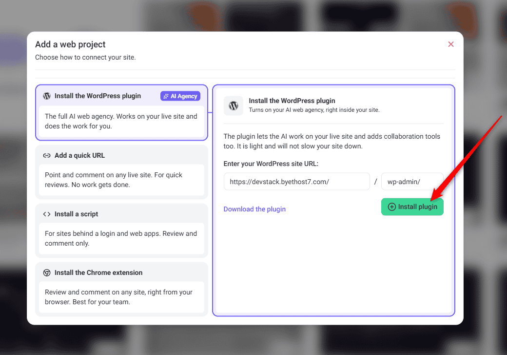 Prompt to install the Atarim WordPress plugin