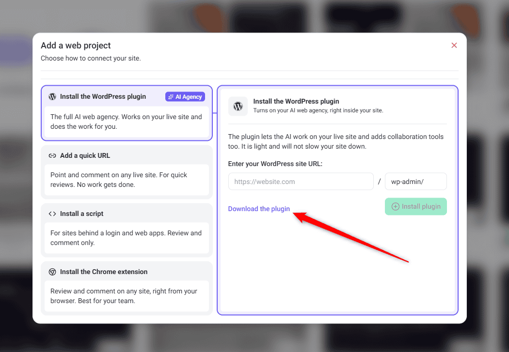 Project creation modal with the manual plugin download option