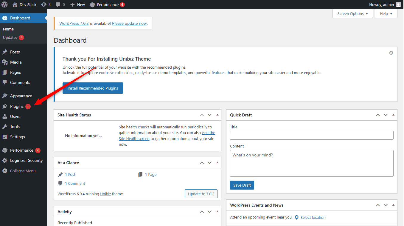 WordPress admin sidebar with the Plugins menu open