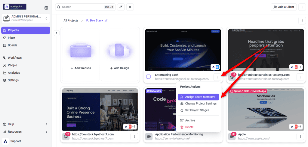 Assign Team Members option in the Project Actions menu