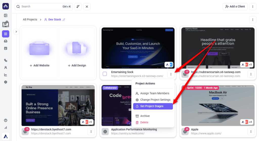 Set Project Stages option in the Project Actions menu