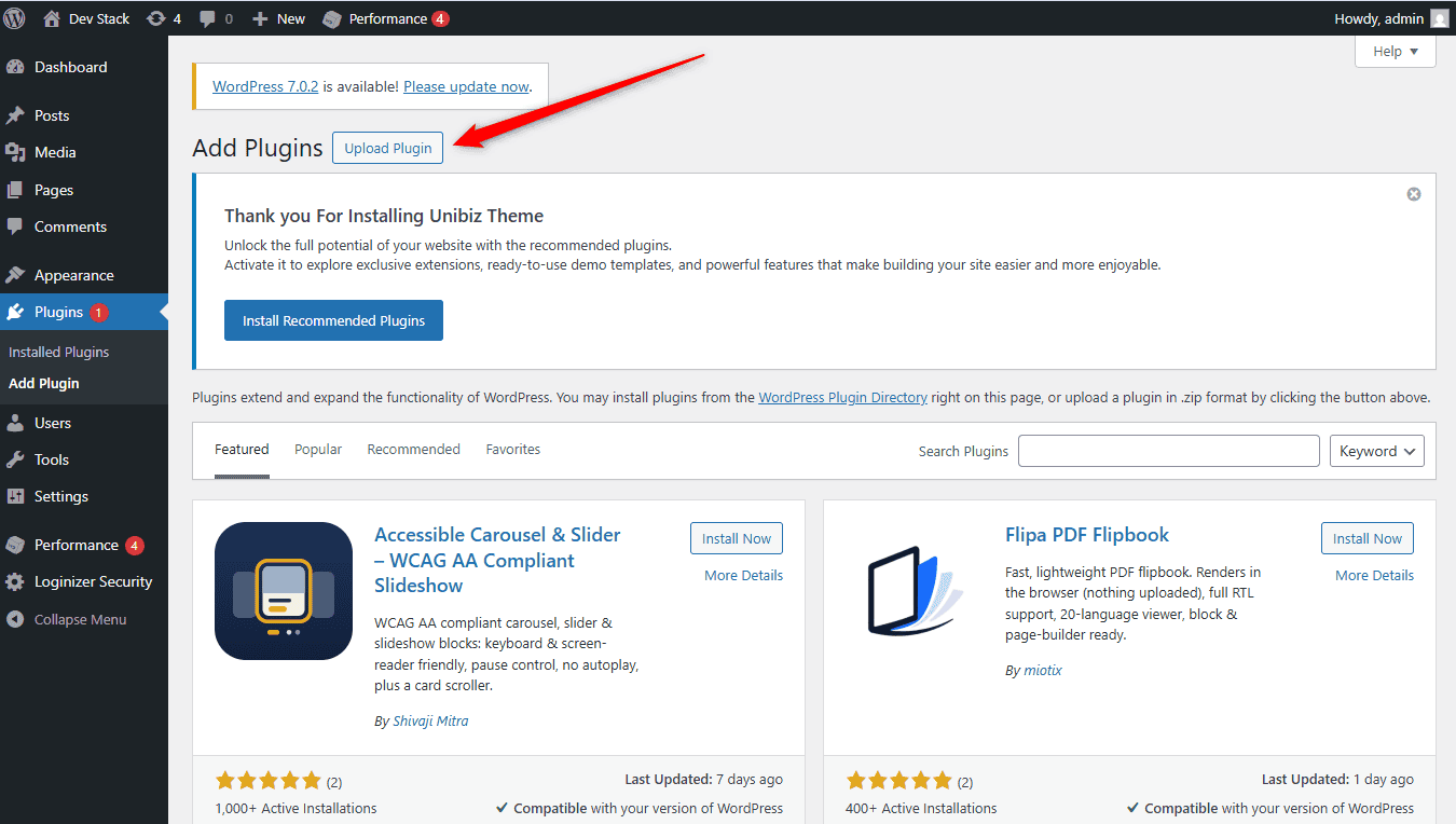Upload Plugin button on the WordPress Add Plugin screen