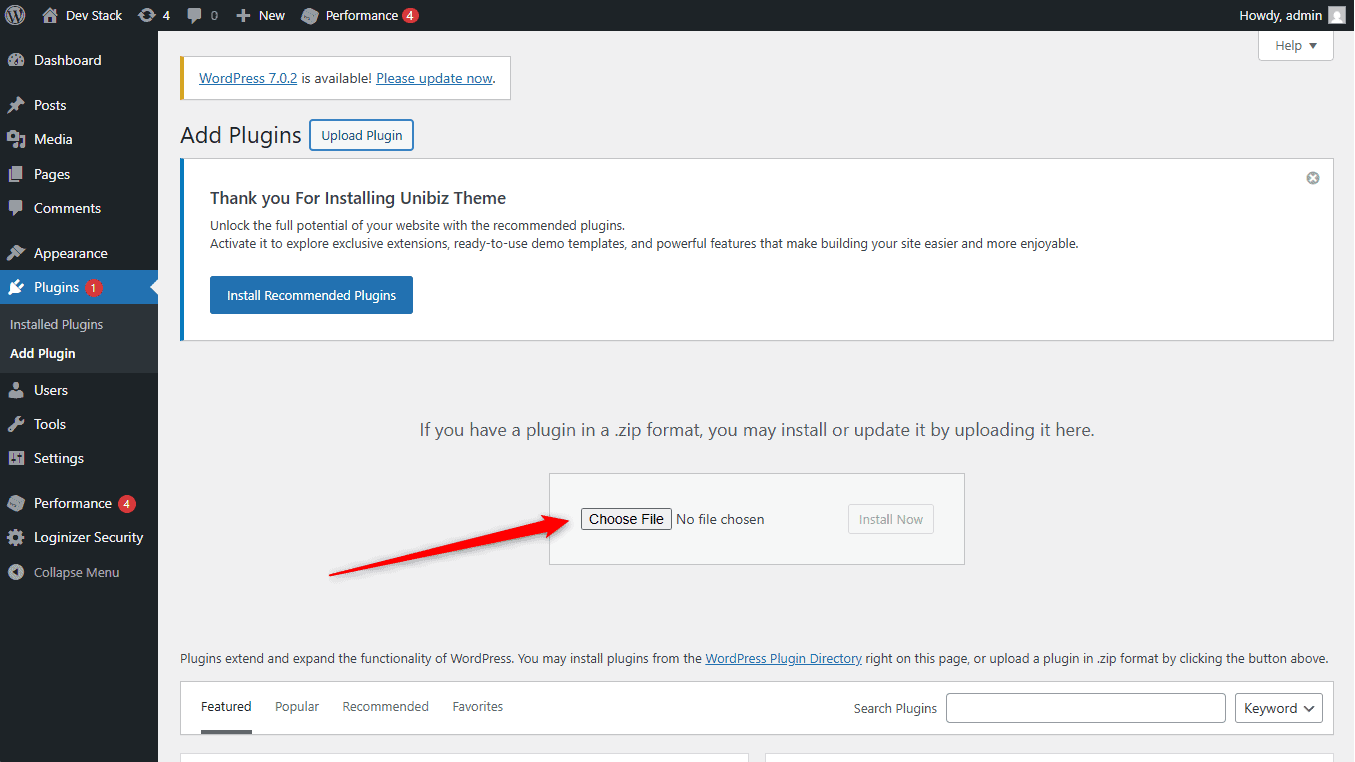 File picker with the Atarim plugin ZIP selected