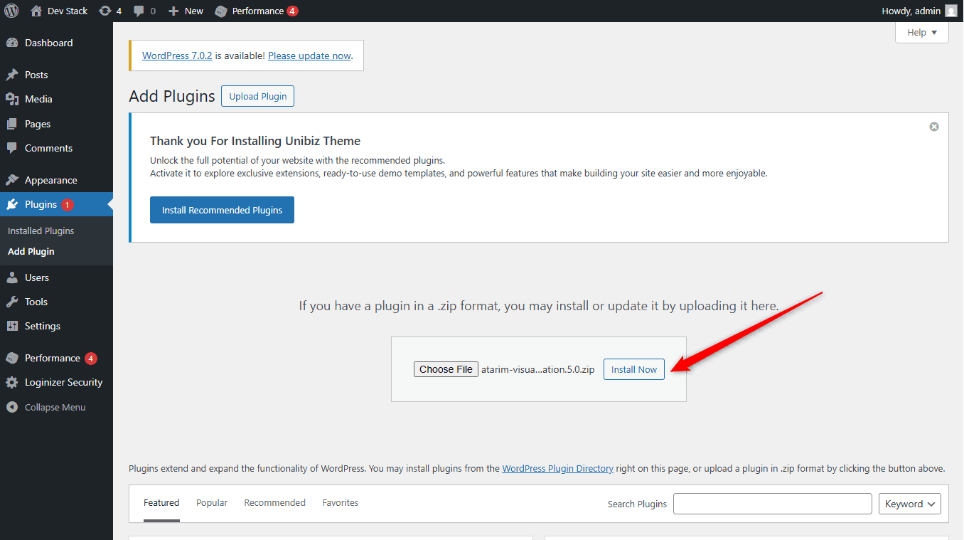 Install Now button for the uploaded plugin ZIP