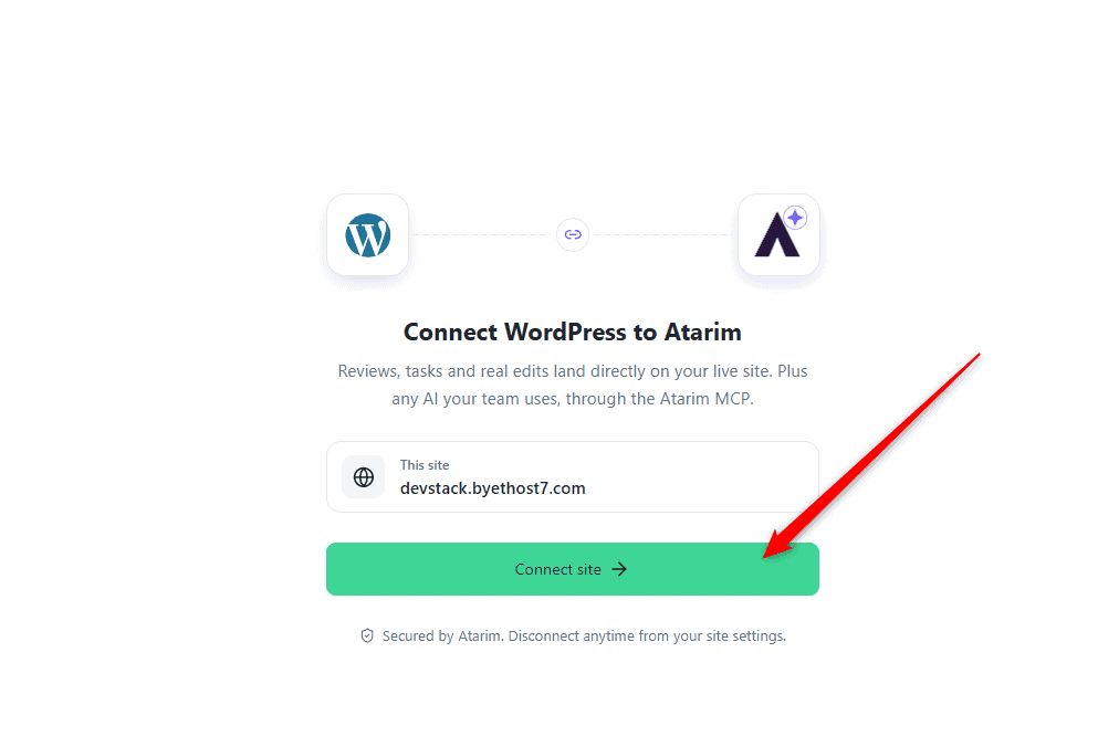 Atarim connection screen inside WordPress