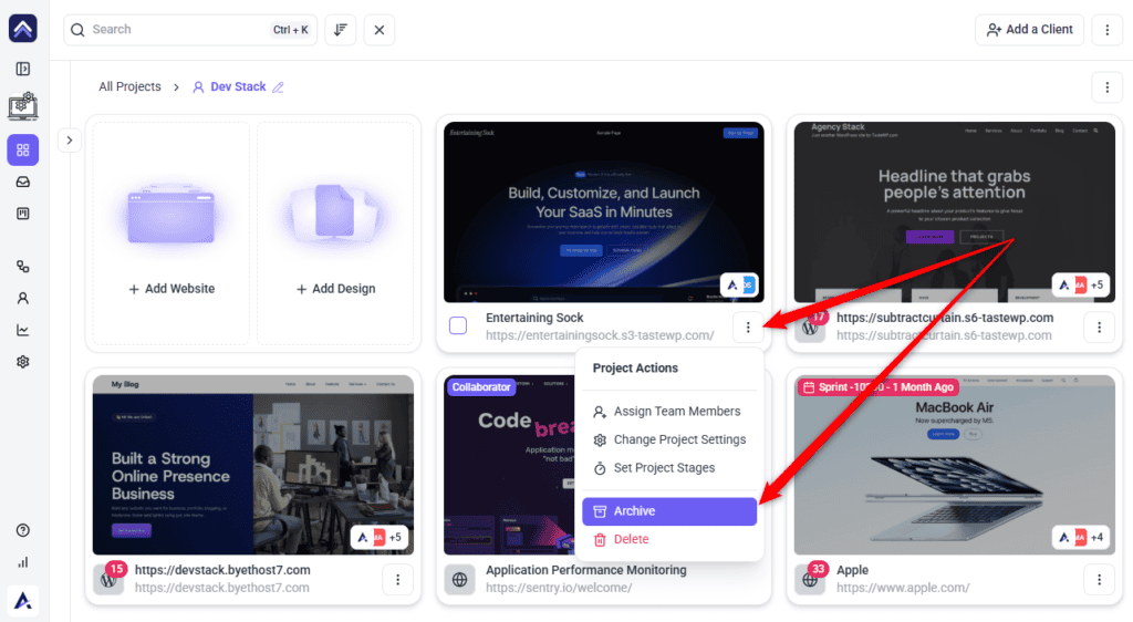 Archive Project option in the Project Actions menu