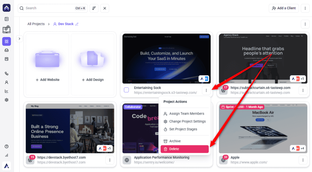 Delete Project option in the Project Actions menu