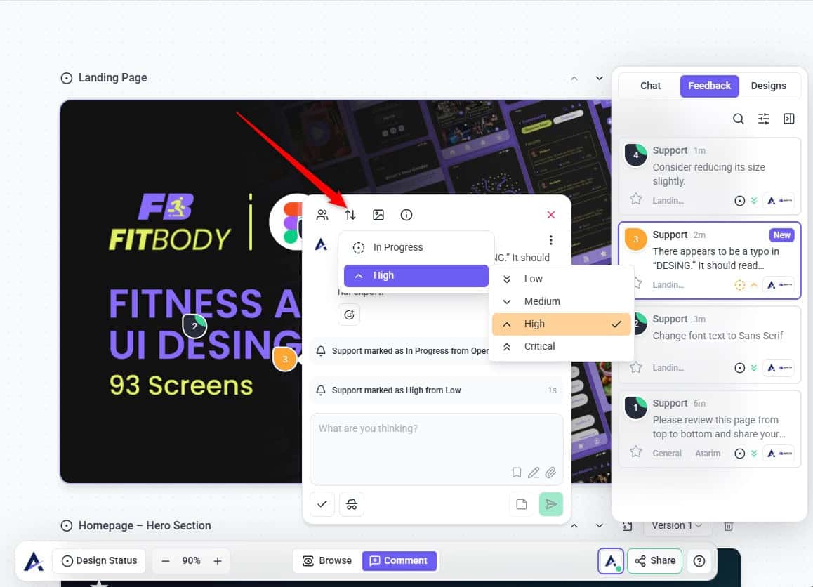 Setting the priority of a design task in Atarim