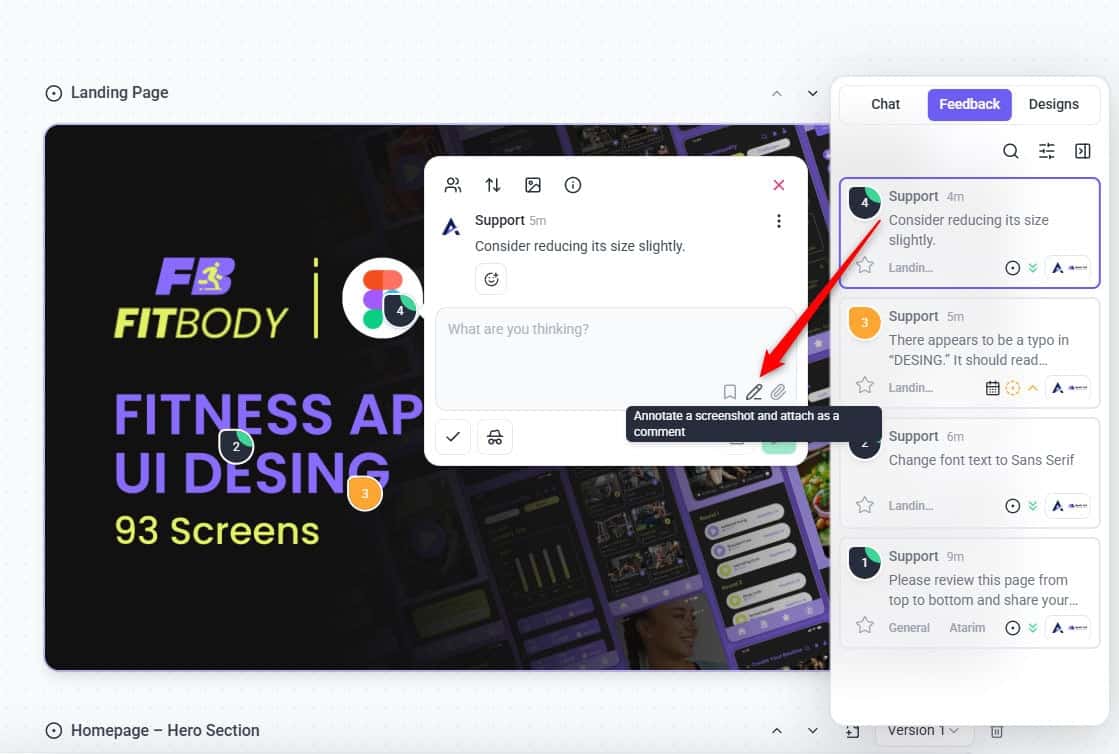 Annotating a design directly from a task in Atarim