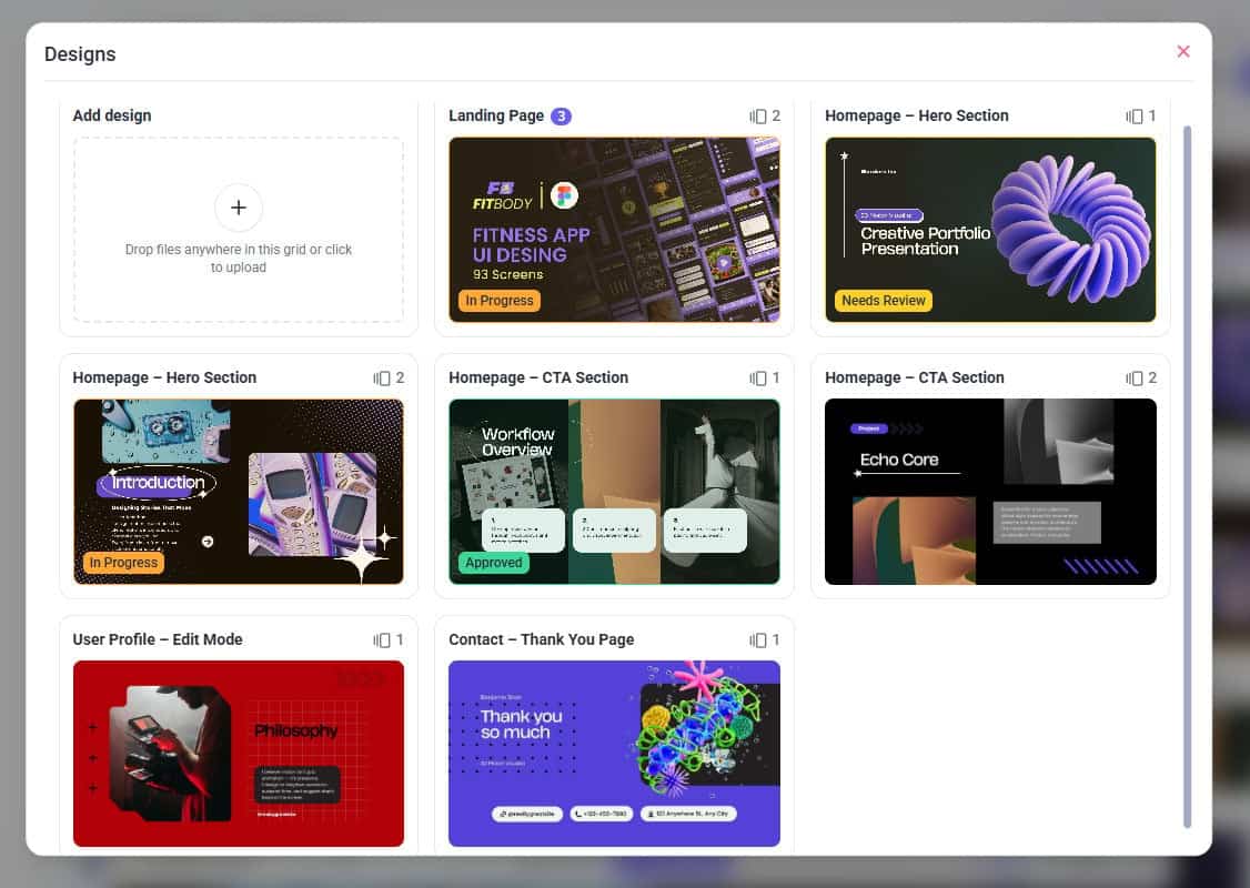 The grid view showing every design in an Atarim project side by side
