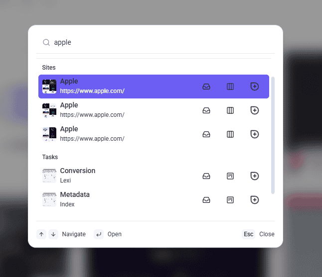 Search results listing sites and tasks together with shortcuts on each row