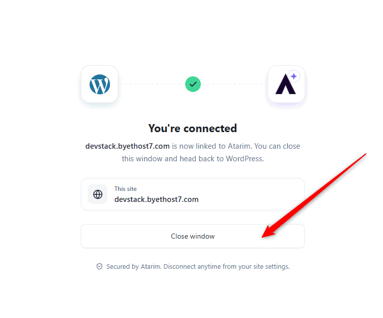 Confirmation that the WordPress site is connected to Atarim